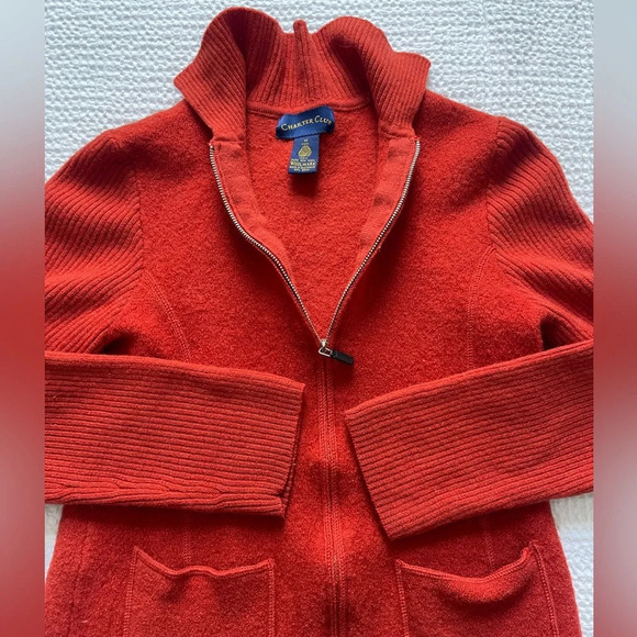 Charter Club Pure New Wool Woolmark Zip Up Orange Sweater Size Medium Luxury - Picture 5 of 8